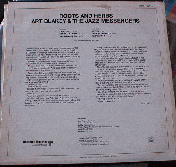 Art Blakey & The Jazz Messengers - Roots & Herbs (Vinyl, LP, Album) Very Good Plus (VG+) / Very Good Plus (VG+)