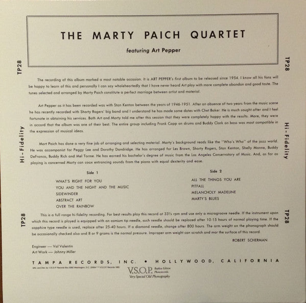 The Marty Paich Quartet - Marty Paich Quartet (Vinyl, LP, Album, Mono, Reissue) Very Good Plus (VG+) / Very Good (VG)