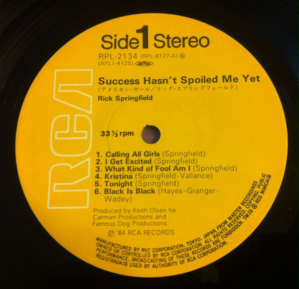 Rick Springfield - Success Hasn't Spoiled Me Yet (Vinyl, LP, Album, Reissue) Very Good Plus (VG+) / Very Good (VG)