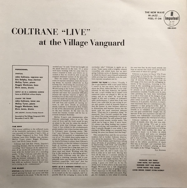 John Coltrane - "Live" At The Village Vanguard (Vinyl, LP, Album, Limited Edition, Reissue, Stereo) Near Mint (NM or M-) / Very Good Plus (VG+)