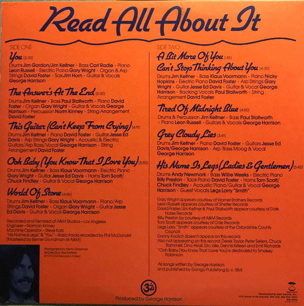 George Harrison - Extra Texture (Read All About It) (Vinyl, LP, Album, Stereo) Very Good (VG) / Very Good Plus (VG+)