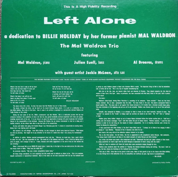 Mal Waldron - Left Alone (Vinyl, LP, Album, Reissue, Stereo) Very Good Plus (VG+) / Very Good Plus (VG+)