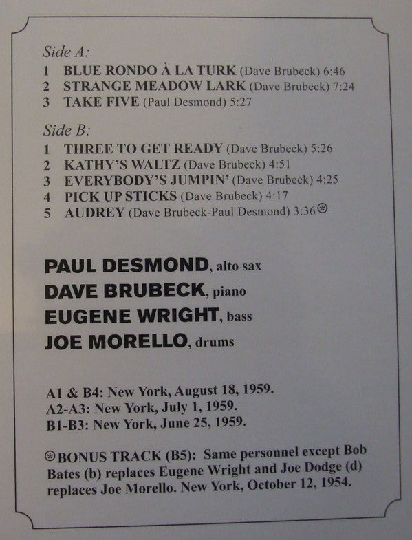 The Dave Brubeck Quartet - Time Out (Vinyl, LP, Album, Limited Edition, Reissue, Remastered, Stereo) Very Good (VG) / Near Mint (NM or M-)