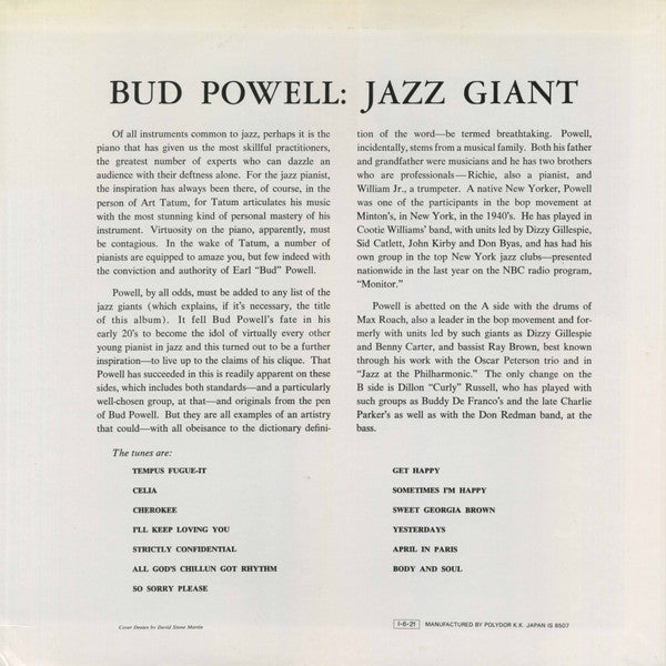 Bud Powell - Jazz Giant (Vinyl, LP, Album, Reissue, Mono)