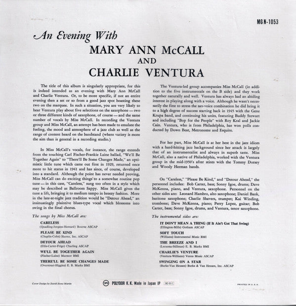 Charlie Ventura - An Evening With Mary Ann McCall And Charlie Ventura (Vinyl, LP, Album, Limited Edition, Reissue, Mono) Near Mint (NM or M-) / Near Mint (NM or M-)