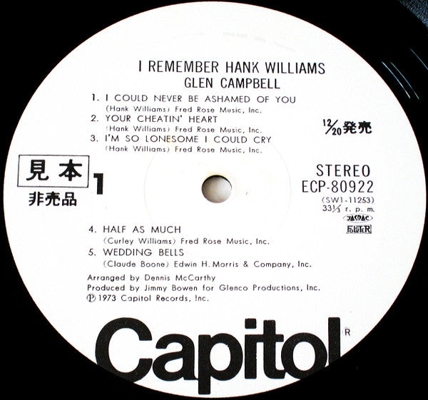 Glen Campbell - I Remember Hank Williams (Vinyl, LP) Very Good Plus (VG+) / Very Good Plus (VG+)