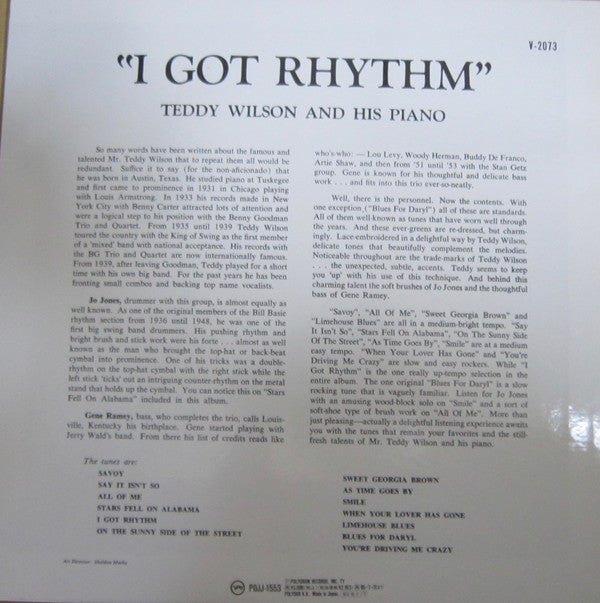 Teddy Wilson - I Got Rhythm (Vinyl, LP, Album, Reissue, Mono) Very Good Plus (VG+) / Very Good Plus (VG+)