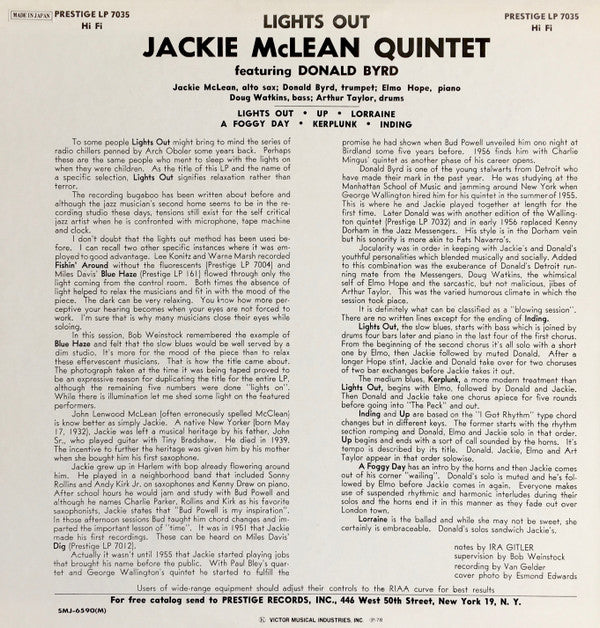 Jackie McLean Quintet - Lights Out! (Vinyl, LP, Album, Reissue, Mono) Very Good (VG) / Very Good Plus (VG+)