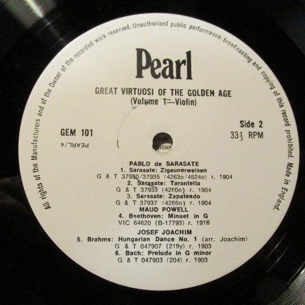 Eugène Ysaÿe - Great Virtuosi Of The Golden Age - Volume 1 - Violin (Vinyl, LP, Compilation, Mono) Very Good Plus (VG+) / Very Good Plus (VG+)
