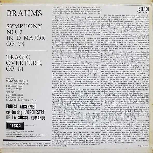 Johannes Brahms - Second Symphony ∙Tragic Overture (Vinyl, LP, Stereo) Very Good Plus (VG+) / Very Good Plus (VG+)