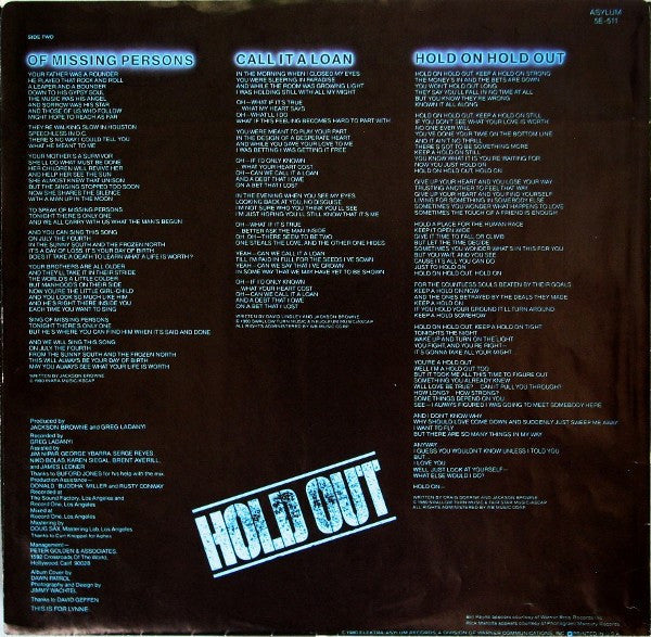 Jackson Browne - Hold Out (Vinyl, LP, Album, Stereo) Very Good Plus (VG+) / Very Good (VG)