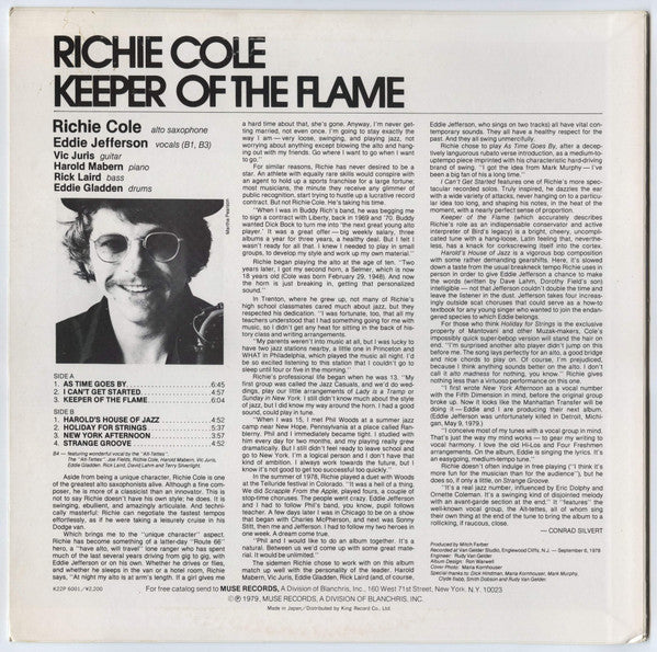 Richie Cole - Keeper Of The Flame (Vinyl, LP, Album, Stereo) Very Good (VG) / Very Good (VG)