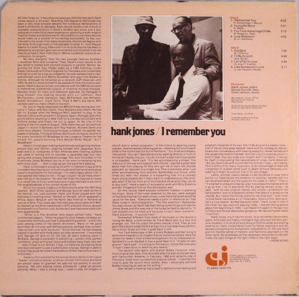 Hank Jones - I Remember You (Vinyl, LP, Album) Very Good (VG) / Good Plus (G+)
