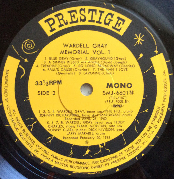 Wardell Gray - Memorial Volume 1 (Vinyl, LP, Album, Reissue, Remastered, Mono) Very Good (VG) / Very Good (VG)
