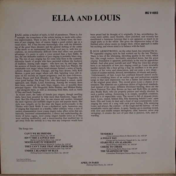 Ella Fitzgerald - Ella And Louis (Vinyl, LP, Album, Reissue, Remastered, Mono) Near Mint (NM or M-) / Near Mint (NM or M-)