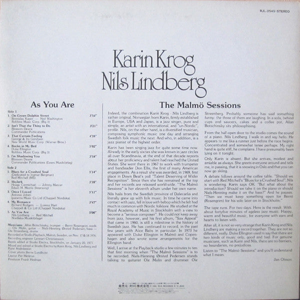 Karin Krog - As You Are. The Malmö Sessions (Vinyl, LP, Album, Reissue, Stereo) Very Good Plus (VG+) / Very Good Plus (VG+)