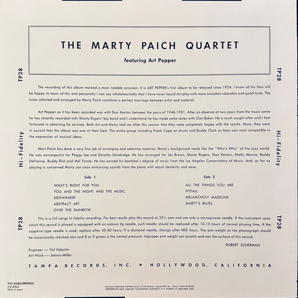 The Marty Paich Quartet - Marty Paich Quartet (Vinyl, LP, Album, Reissue, Mono) Very Good (VG) / Very Good (VG)