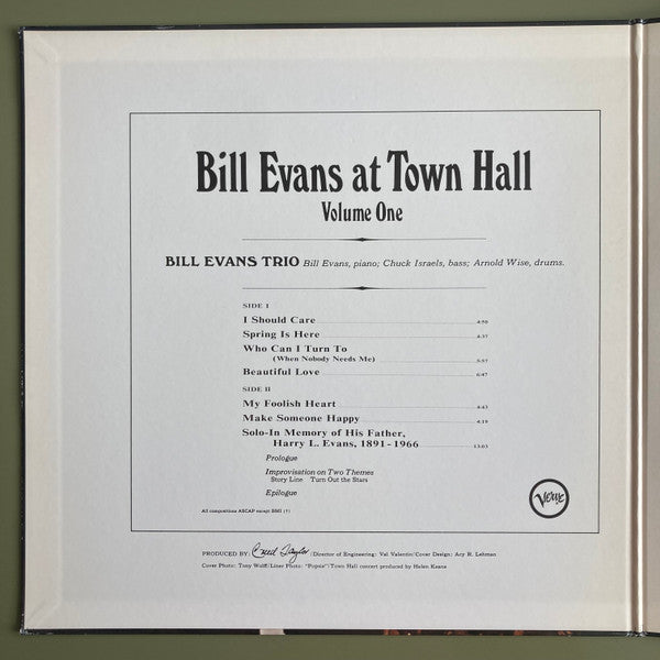 The Bill Evans Trio - Bill Evans At Town Hall (Volume One) (Vinyl, LP, Album, Reissue, Stereo) Very Good Plus (VG+) / Very Good (VG)