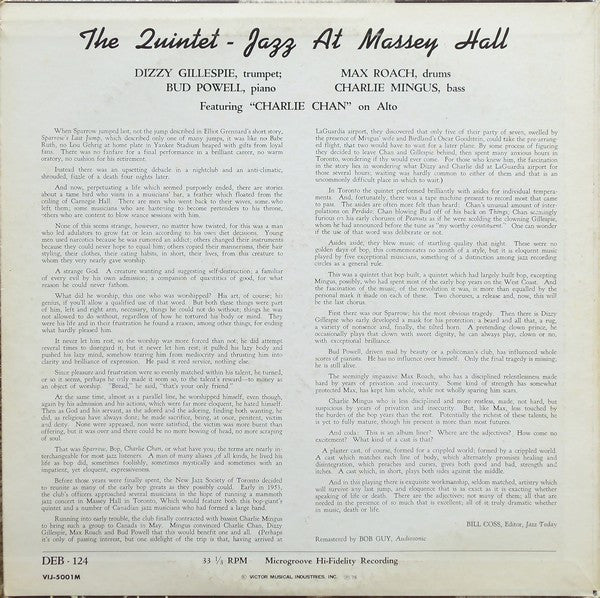 The Quintet - Jazz At Massey Hall (Vinyl, LP, Album, Reissue, Mono)