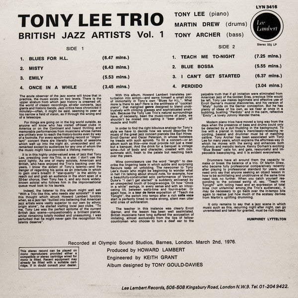 The Tony Lee Trio - British Jazz Artists Vol.1 (Vinyl, LP, Album, Stereo) Very Good (VG) / Very Good (VG)