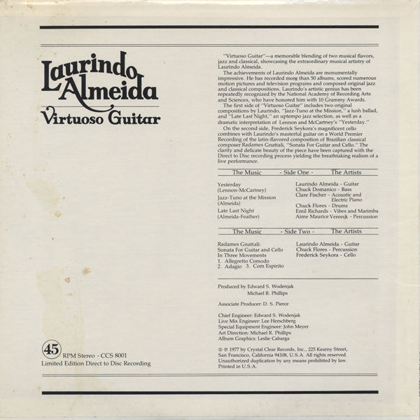 Laurindo Almeida - Virtuoso Guitar (Vinyl, LP, 45 RPM, Album, Limited Edition) Near Mint (NM or M-) / Very Good (VG)