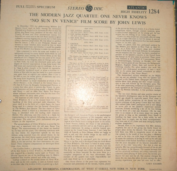 The Modern Jazz Quartet - The Modern Jazz Quartet Plays One Never Knows - Original Film Score For “No Sun In Venice” (Vinyl, LP, Album, Reissue, Stereo) Very Good (VG) / Very Good (VG)