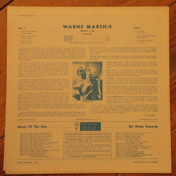 Warne Marsh Quartet - Music For Prancing (Vinyl, LP, Album, Reissue)