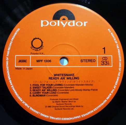 Whitesnake - Ready An' Willing (Vinyl, LP, Album, Stereo)