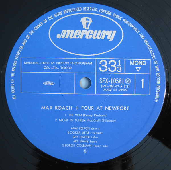 Max Roach Quintet - Max Roach + 4 At Newport (Vinyl, LP, Album, Reissue, Mono) Very Good Plus (VG+) / Very Good Plus (VG+)