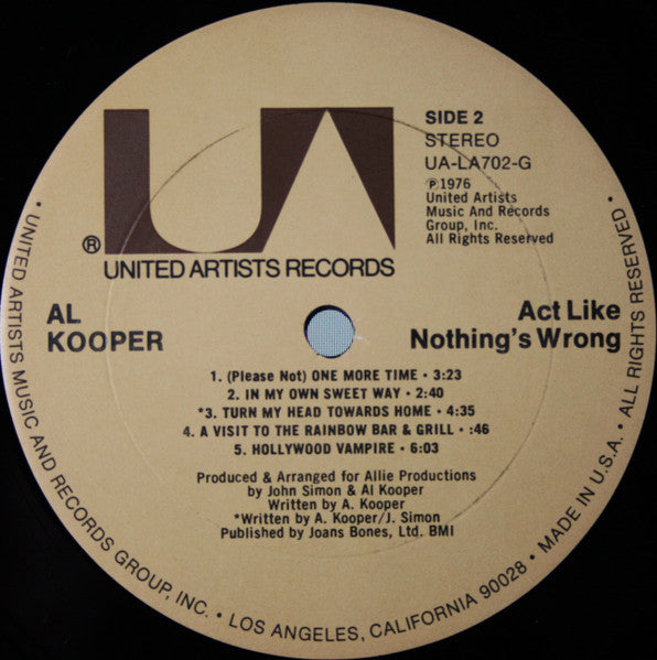 Al Kooper - Act Like Nothing's Wrong (Vinyl, LP, Album) Very Good (VG) / Good Plus (G+)