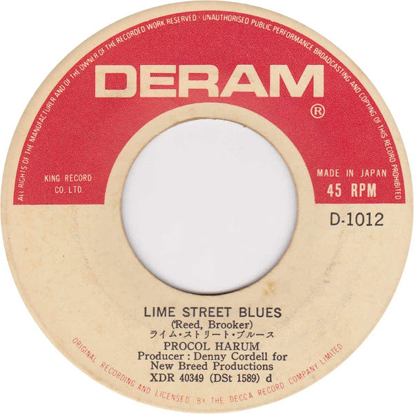 Procol Harum - A Whiter Shade Of Pale / Lime Street Blues (Vinyl, 7", Single, 45 RPM) Very Good Plus (VG+) / Good Plus (G+)