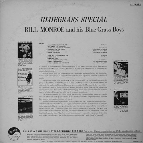 Bill Monroe & His Blue Grass Boys - Bluegrass Special! (Vinyl, LP, Album, Repress, Stereo) Very Good (VG) / Good (G)
