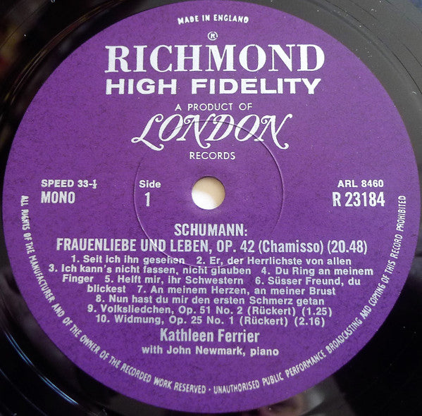 Kathleen Ferrier - A Lieder Recital • Schumann • Schubert • Wolf (Vinyl, LP, Compilation, Mono) Very Good Plus (VG+) / Very Good Plus (VG+)