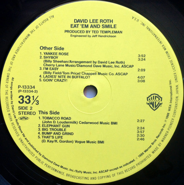 David Lee Roth - Eat 'Em And Smile (Vinyl, LP, Album, Stereo) Very Good Plus (VG+) / Very Good Plus (VG+)