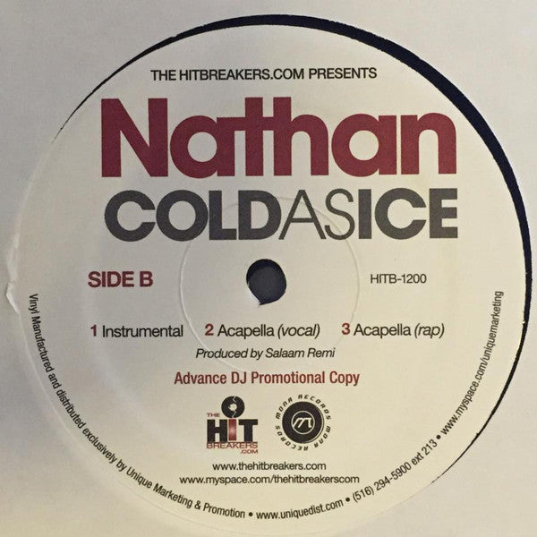 Nathan - Cold As Ice (Vinyl, 12", 33 ⅓ RPM, Promo) Very Good Plus (VG+) / Very Good (VG)