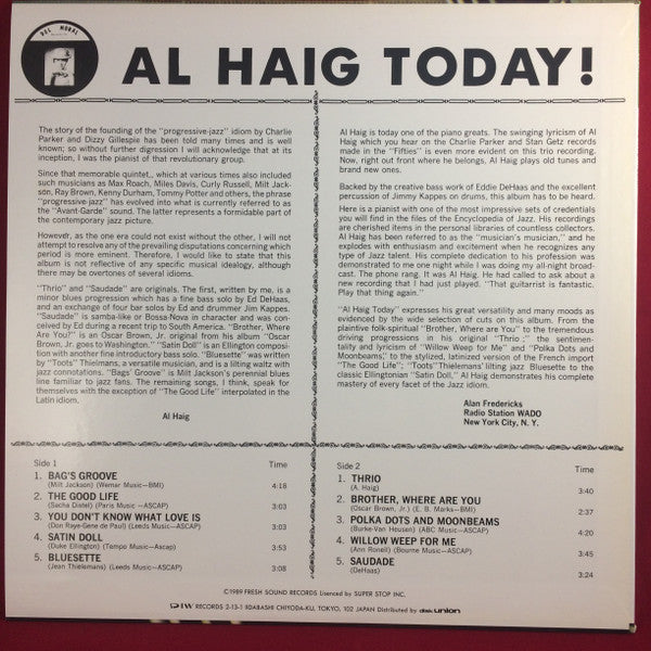 Al Haig - Today! (Vinyl, LP) Very Good Plus (VG+) / Very Good Plus (VG+)