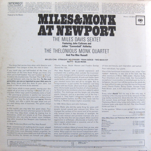 The Miles Davis Sextet - Miles & Monk At Newport (Vinyl, LP, Album, Reissue, Stereo) Very Good Plus (VG+) / Good Plus (G+)