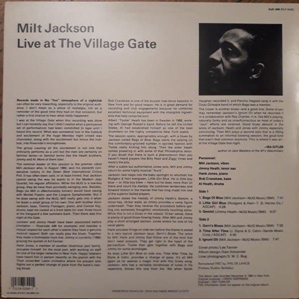 Milt Jackson Quintet - 'Live' At The Village Gate (Vinyl, LP, Album, Reissue, Remastered, Stereo) Very Good (VG) / Very Good (VG)