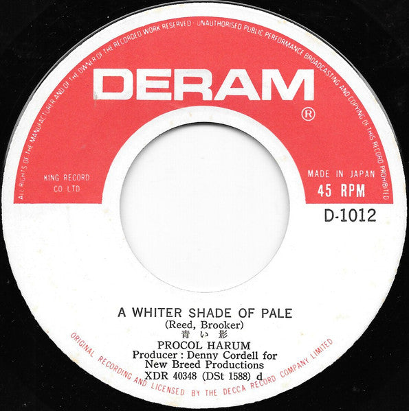 Procol Harum - A Whiter Shade Of Pale = 青い影 (Vinyl, 7", 45 RPM, Single, Reissue, Mono) Very Good (VG) / Very Good (VG)