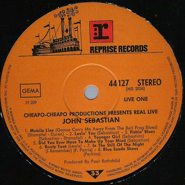 John Sebastian - Cheapo-Cheapo Productions Presents Real Live (Vinyl, LP, Album) Very Good Plus (VG+) / Good Plus (G+)