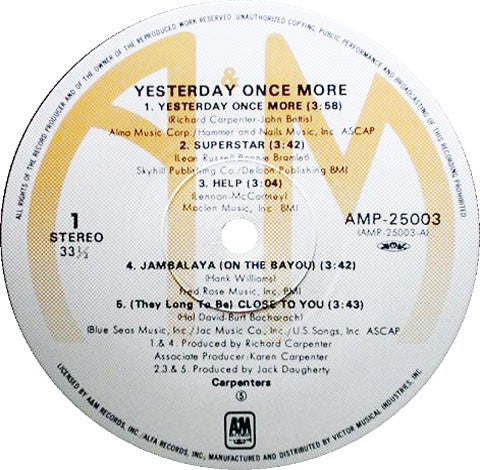 Carpenters - Carpenters Vol.1 - Yesterday Once More (Vinyl, LP, Compilation) Very Good Plus (VG+) / Very Good (VG)