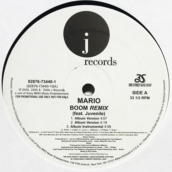 Mario - Boom (Remix) (Vinyl, 12", Promo) Very Good Plus (VG+) / Very Good Plus (VG+)