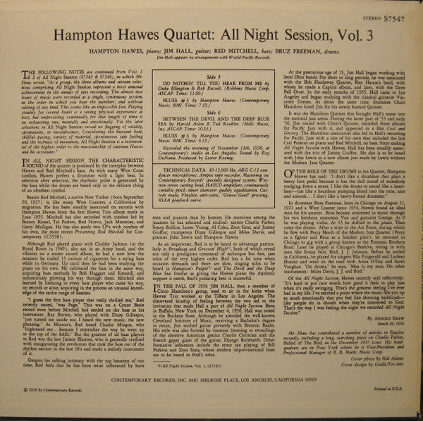 Hampton Hawes Quartet - All Night Session, Vol. 3 (Vinyl, LP, Album, Reissue, Stereo) Very Good Plus (VG+) / Very Good Plus (VG+)