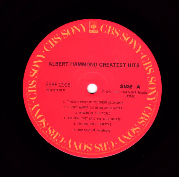 Albert Hammond - Greatest Hits (Vinyl, LP, Compilation) Very Good (VG) / Very Good Plus (VG+)