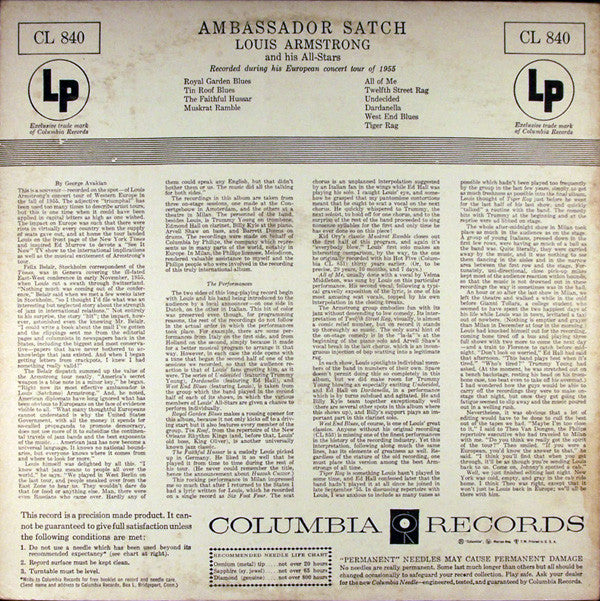 Louis Armstrong And His All-Stars - Ambassador Satch (Vinyl, LP, Album, Mono) Very Good (VG) / Good Plus (G+)