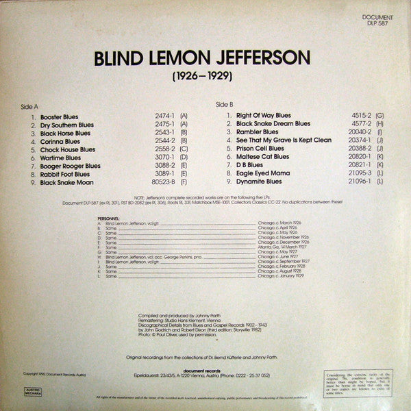 Blind Lemon Jefferson - (1926 - 1929) (Vinyl, LP, Compilation, Limited Edition, Remastered, Mono) Very Good (VG) / Very Good (VG)