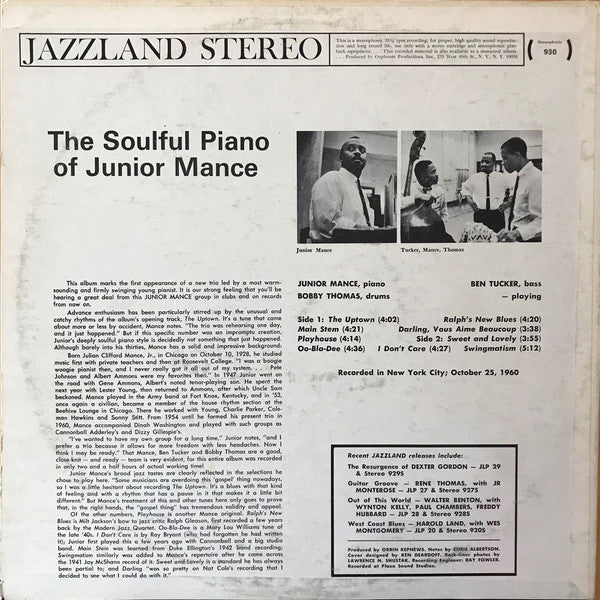 Junior Mance - The Soulful Piano Of Junior Mance (Vinyl, LP, Album, Reissue, Stereo) Very Good (VG) / Very Good (VG)