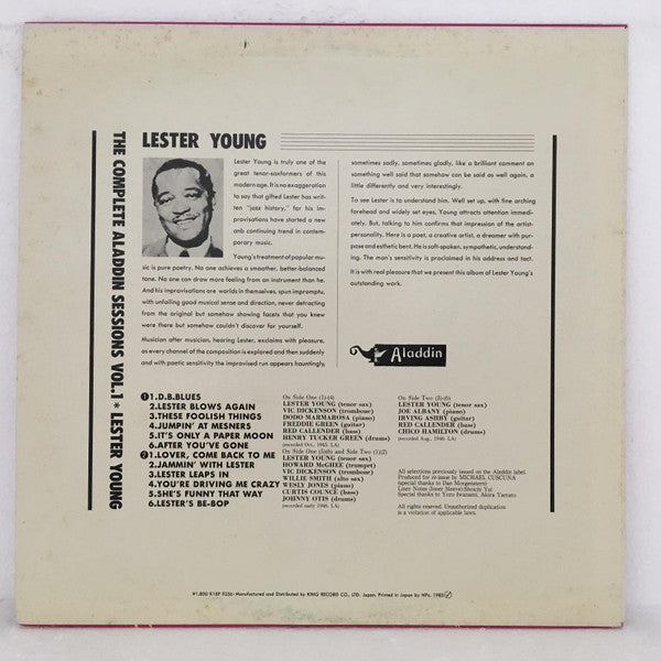 Lester Young - The Complete Aladdin Sessions Vol. 1 (Vinyl, LP, Compilation, Mono) Near Mint (NM or M-) / Very Good Plus (VG+)