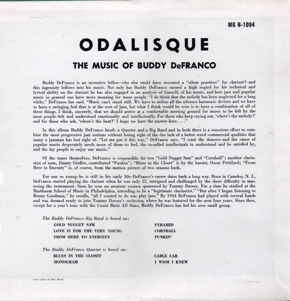 Buddy DeFranco - Odalisque  The Music Of Buddy DeFranco (Vinyl, LP, Album, Reissue, Mono) Very Good Plus (VG+) / Very Good Plus (VG+)