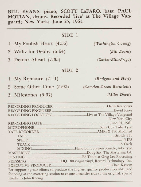 The Bill Evans Trio - Waltz For Debby (Vinyl, LP, Album, Limited Edition, Numbered, Reissue, Stereo) Very Good Plus (VG+) / Very Good Plus (VG+)